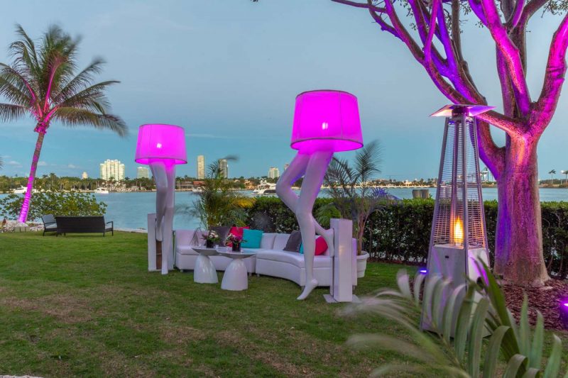 Outdoor patio decorated for the party overlooking South Beach
